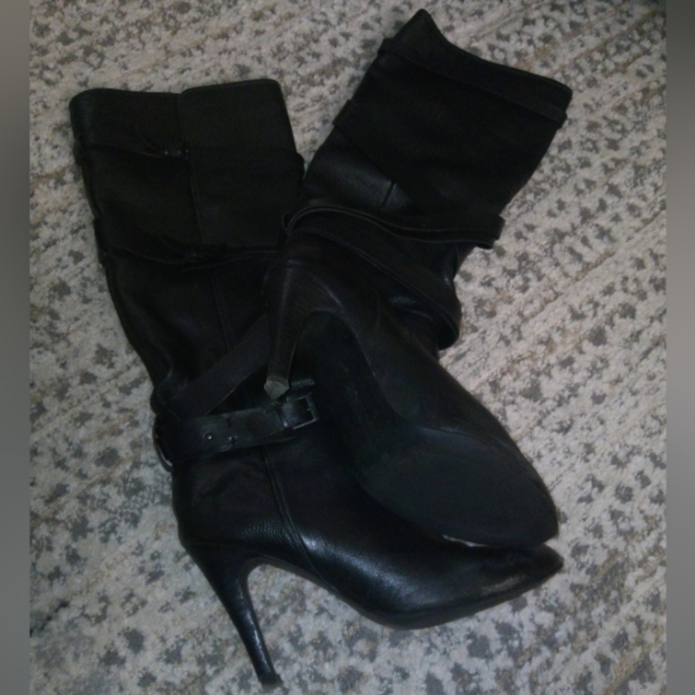 Moto Chic Rosegold Strappy Italian Leather Knee High Boot in Black Sz 10 - Picture 9 of 10